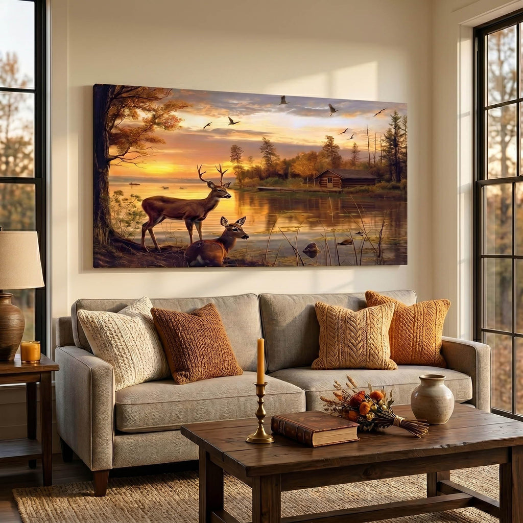 Large Golden Rustic Animal Deer Canvas Print Framed Vintage Wildlife Home Decor Livingroom Decorations Wall Art