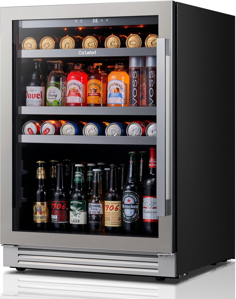 Beverage Refrigerator 24 Inch, 180 Cans Mini Fridge with Double Glass Door, Buil