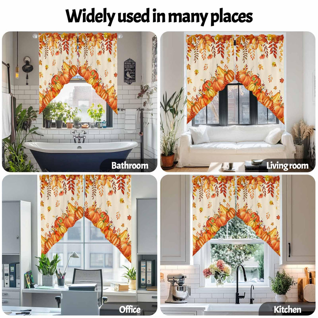 Fall Valances for Windows Thanksgiving Kitchen Window Curtains Over Sink, Orange Pumpkin Maple Leaf Rod Pocket Swag