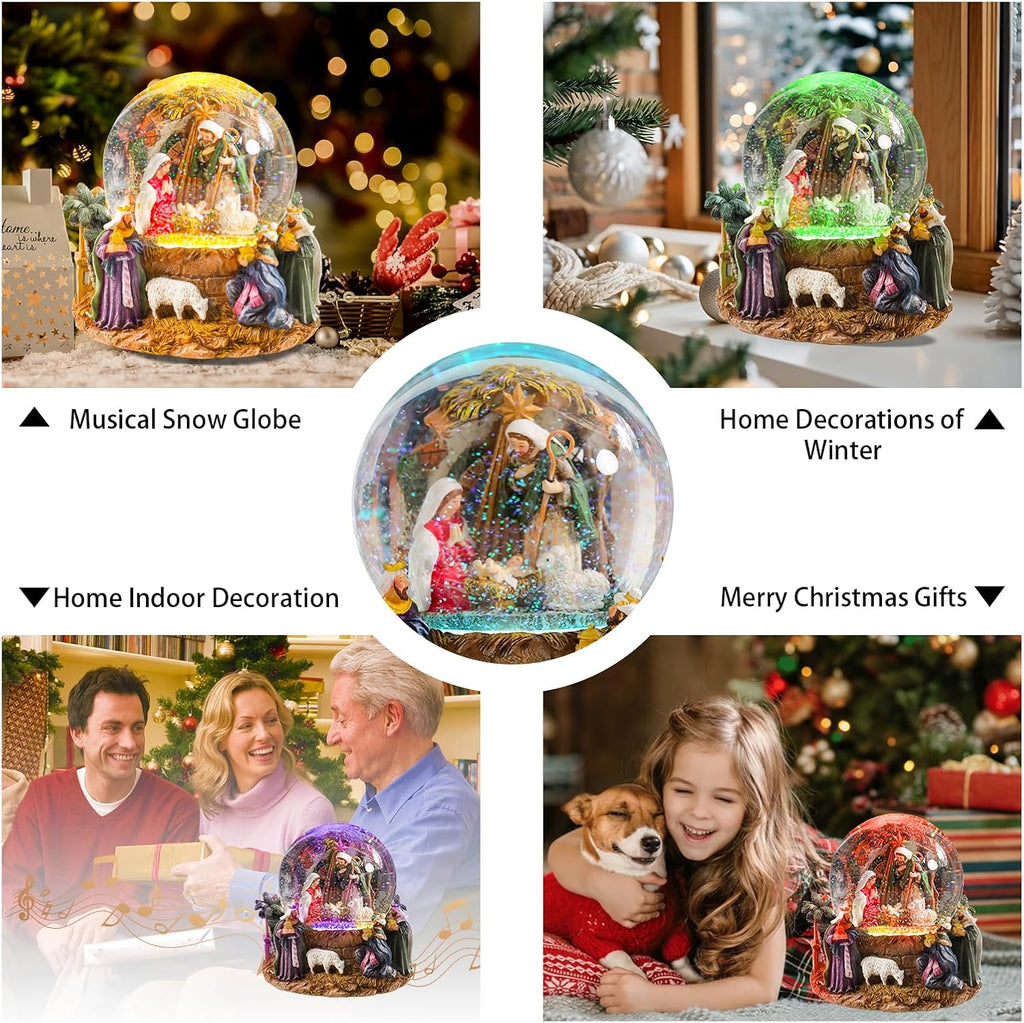Christmas Snow Globes, Nativity Scene Snow Globes with Musical Battery Operated LED Lights Glittering Water Globe