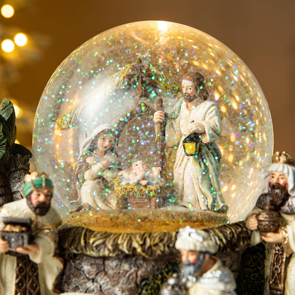 150mm Lighted Musical Christmas Snow Globe,Oversized Resin Holy Family Nativity Figurines Scene Water Globe,Xmas