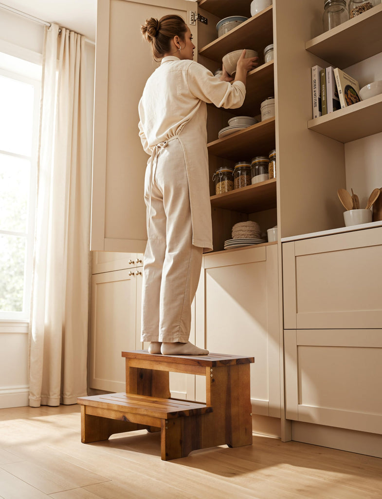 16.5" Acacia Wood Long Step Stool for Adult, 300LBS (Patent Pending)