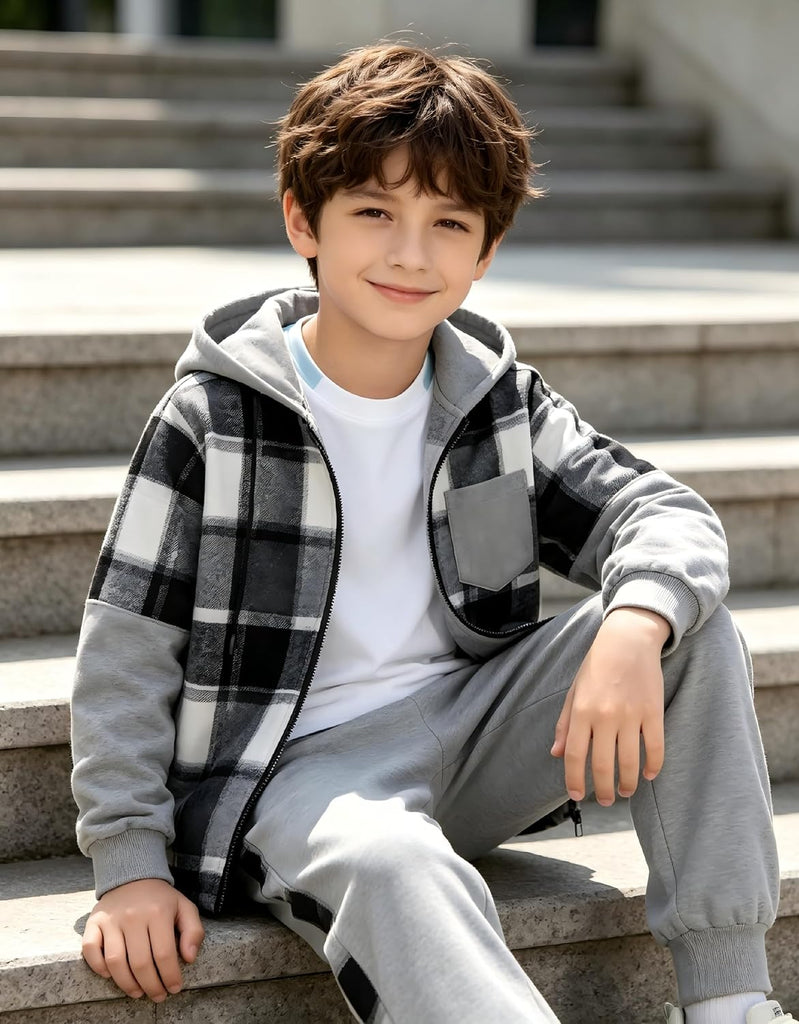 Boys 2‐Piece Sweatsuit Set, Zip‐Up Plaid Patchwork Hoodie Sweatshirt & Pants, Kids Fall Winter Outfits for 7‐