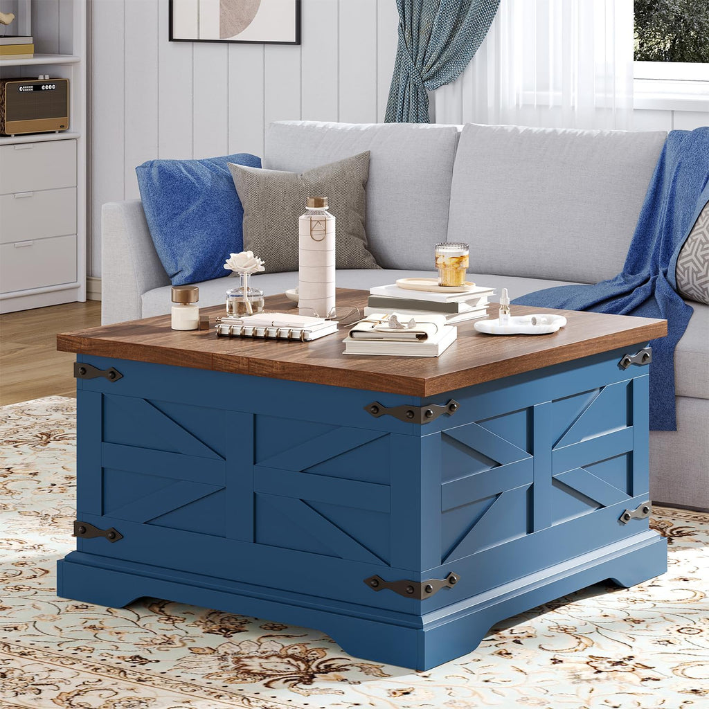 Blue Coffee Table with Storage, Farmhouse Square Center Table with Walnut Top, Hinged Lift Soft Close, Large Hidden