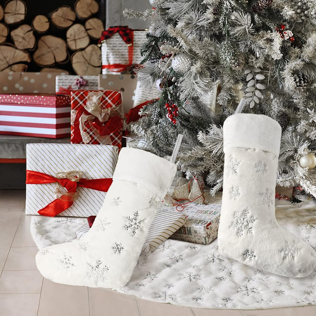 4 Pack Christmas Stockings 20 Inch White Faux Fur Xmas Stockings