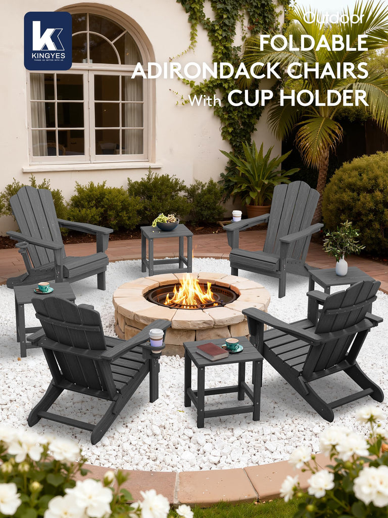 Folding Adirondack Chair Set of 4 with Cup Holder, Grey