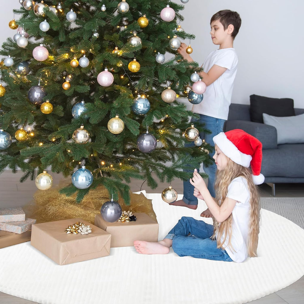 72 Inch Large Faux Fur White Christmas Tree Skirt for 7.5ft to 12ft Tree with Stripe Textured Pattern Soft Beige Boho