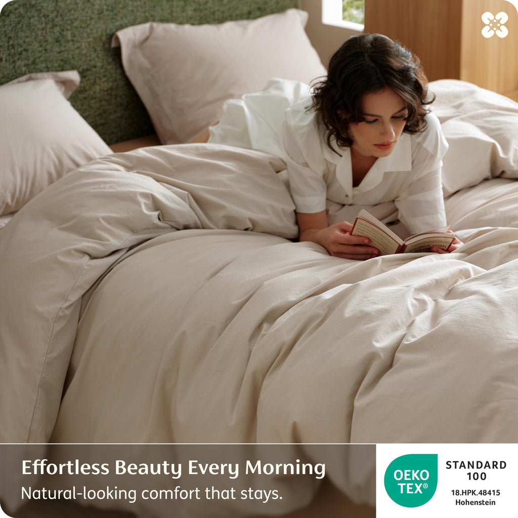PureWoven 100% Washed Cotton Duvet Cover Set Queen, Oatmeal