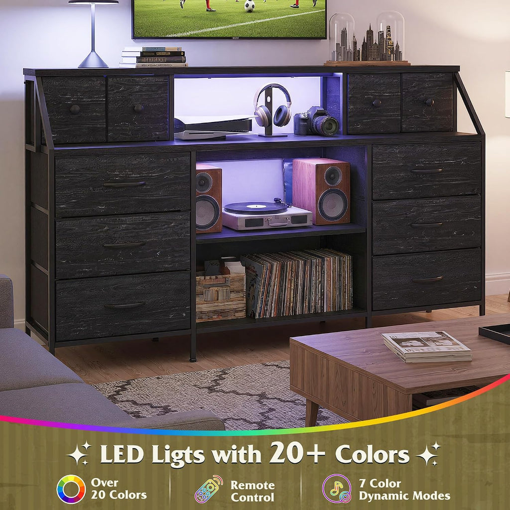 Black 55" Dresser with Charging Station & LED Lights Chest of Drawers with Detachable Mesh Door Bedroom Living Room