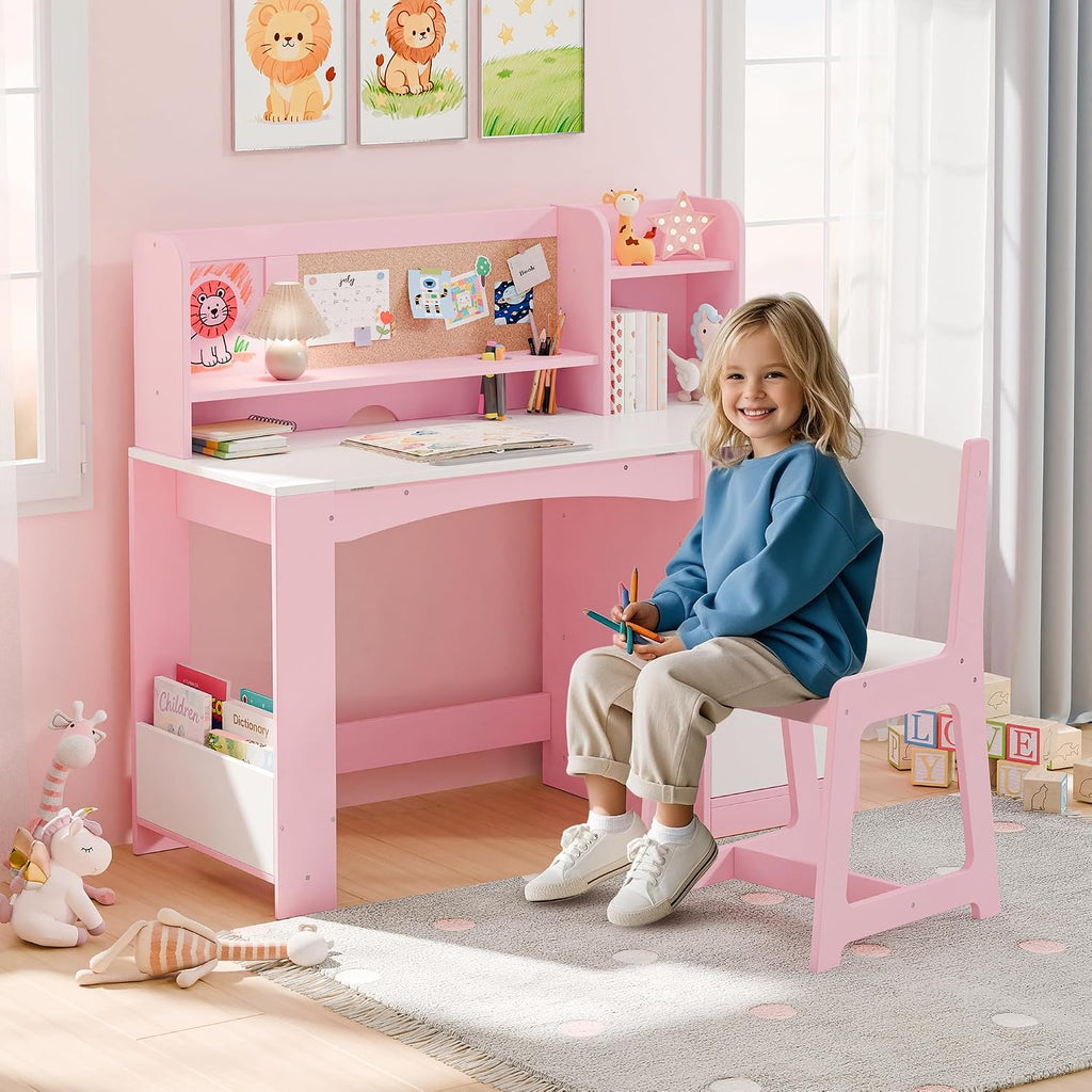 Kids Desk and Chair Set, Wooden Desk for Kids with Tiltable Desktop & Hutch, Kid Desk with Storage Cabinet, Study