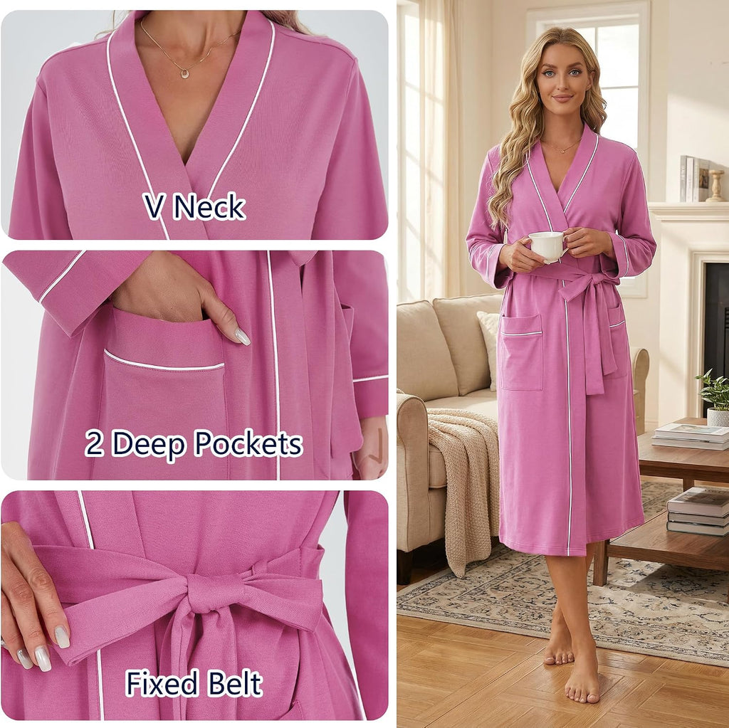 Womens Organic Cotton Robe, Lightweight Long Kimono Bathrobe for Women, Soft Spa Lounge Sleepwear with Pockets