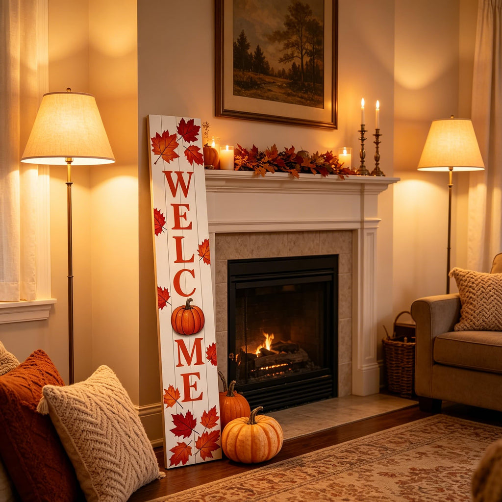 Fall Welcome Porch Sig 47" Tall Vertical Wooden Sign with Pumpkin Maple Leaves Farmhouse Rustic Autumn Thanksgiving