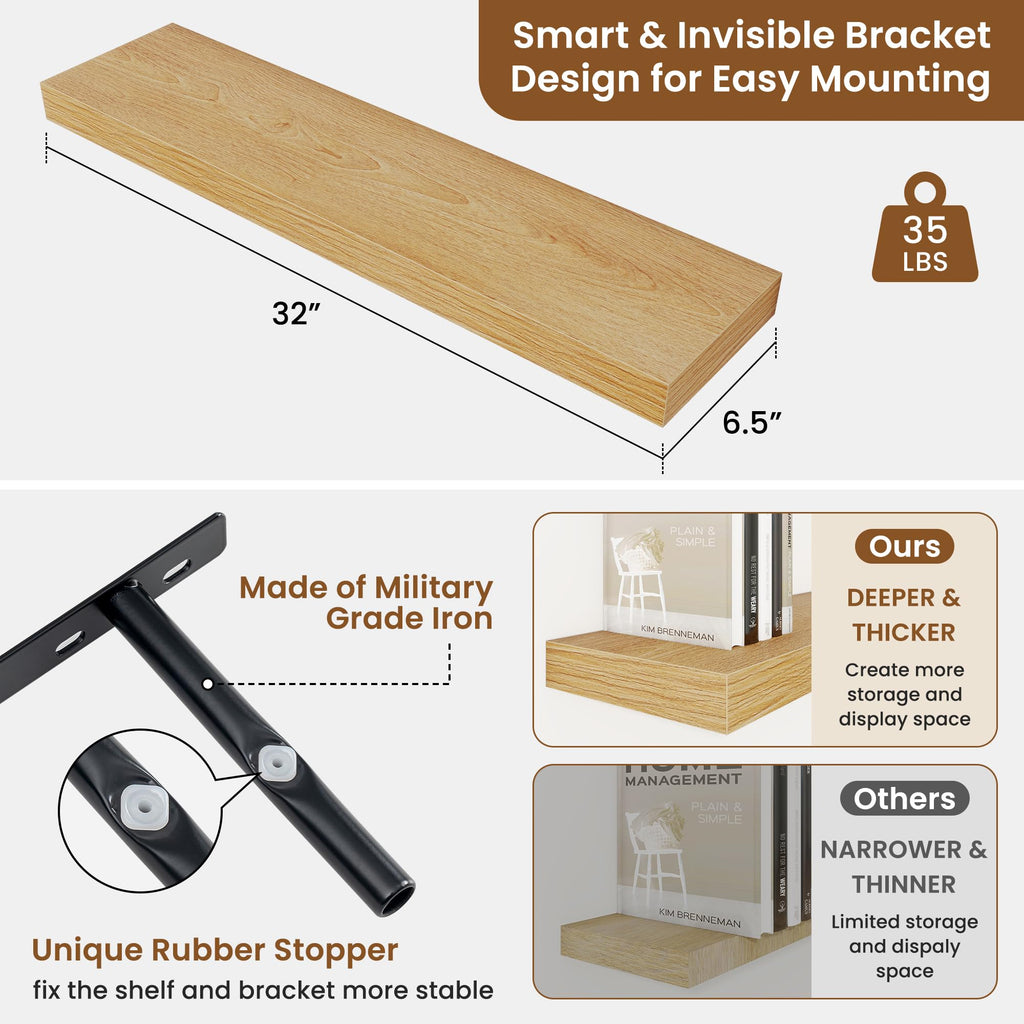 Floating Shelves for Wall, Wall Mounted Wood Shelves, Oak, Set of 2, 32in