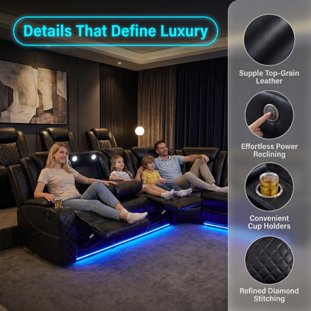 Power Reclining Sofa Set with LED Light, Leather Sectional Couch, Living Room Furniture Sets, Modern Power Recliner