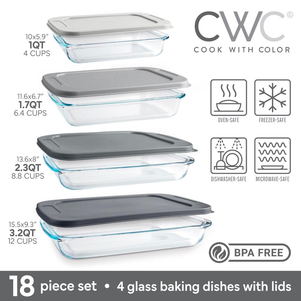 8-Piece Deep Glass Baking Dish Set with Plastic Lids - Casserole and Food Storage Containers for Lasagna, Leftovers