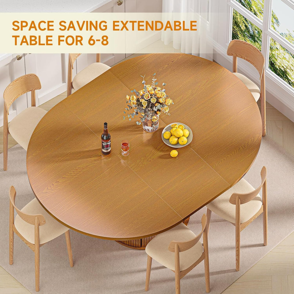 47"-63" Extendable Round Dining Table for 4-8 with Storage, Mid Century Modern Farmhouse Wood Oval Dinner Table with