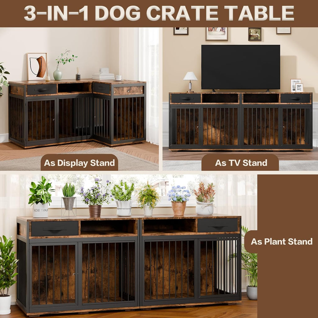 Corner Dog Crate Furniture, 67" Metal Frame L Shaped Double Dog Crate Kennel with Divider and 2 Fabric Drawers TV