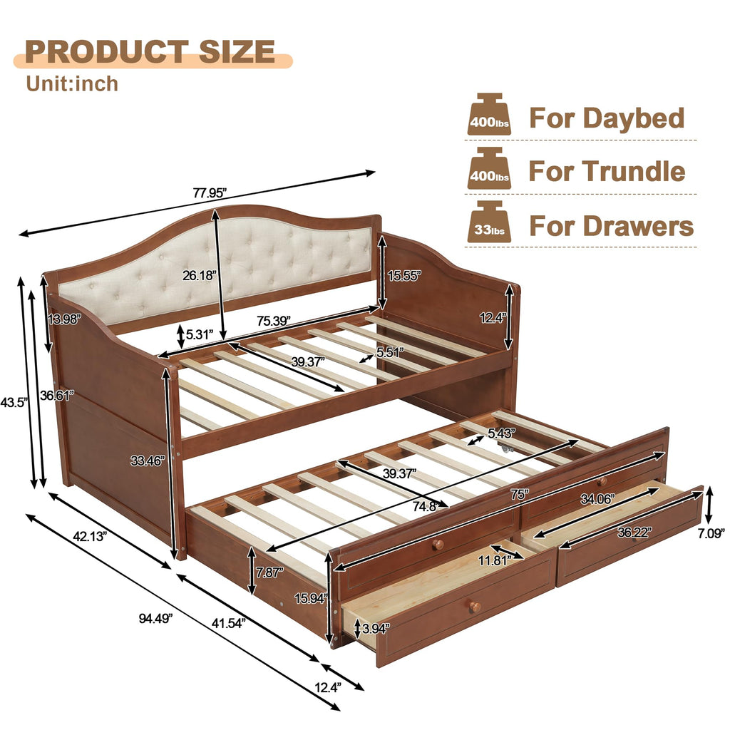 Wood Daybed Twin Size with Trundle and 2 Storage Drawers, Walnut
