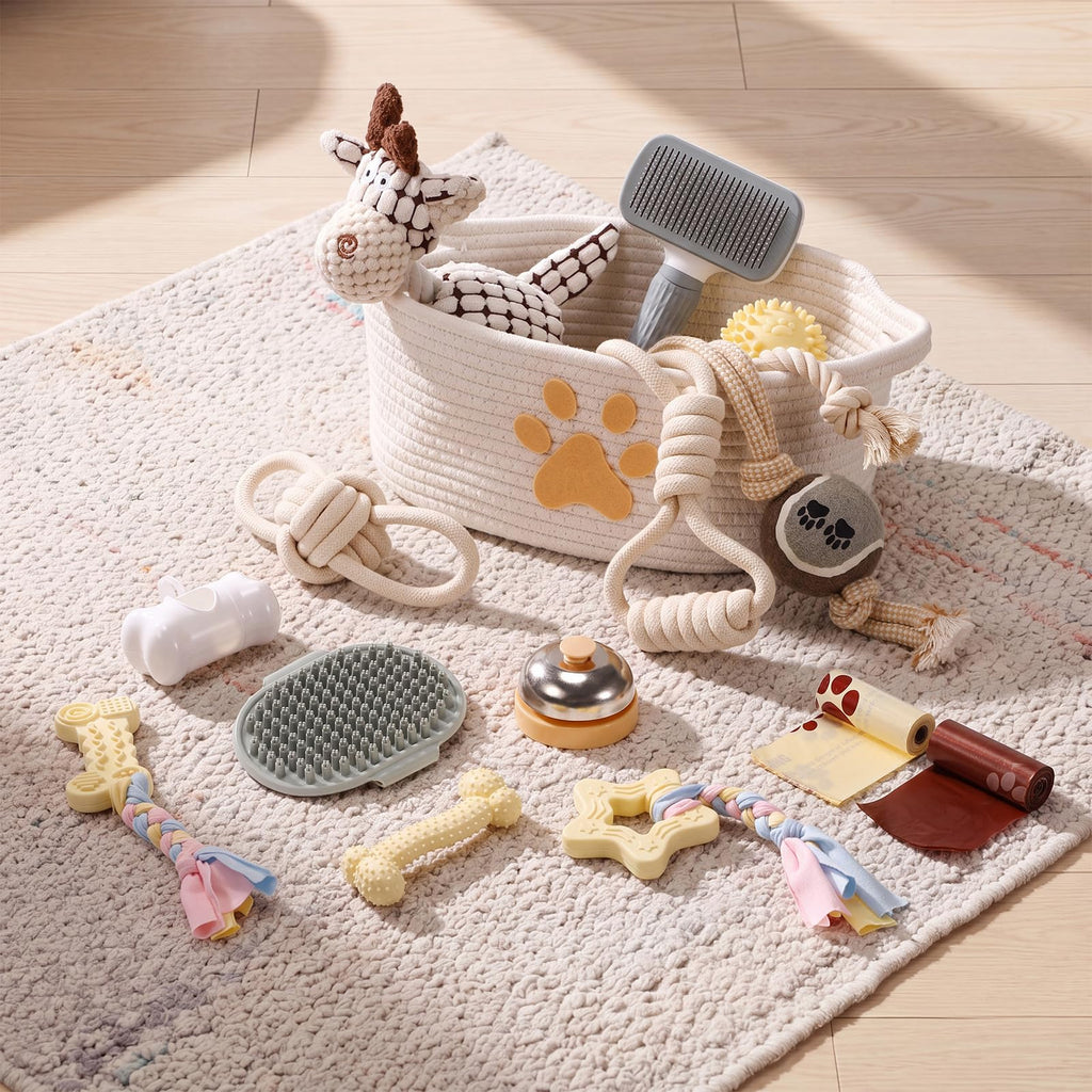 17 Pcs Puppy Gift Set, Dog Toy & Essentials Bundle, Beige, Sheep