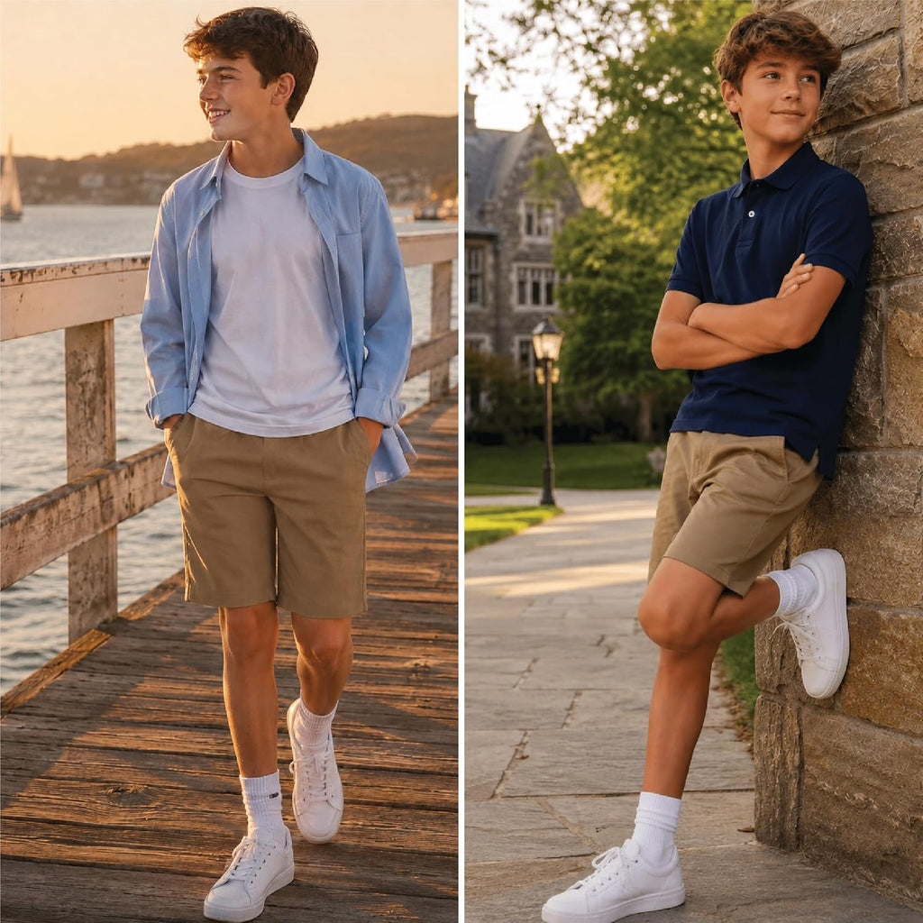 Boys Chino Shorts School Uniform Shorts for Boys with Button Closure
