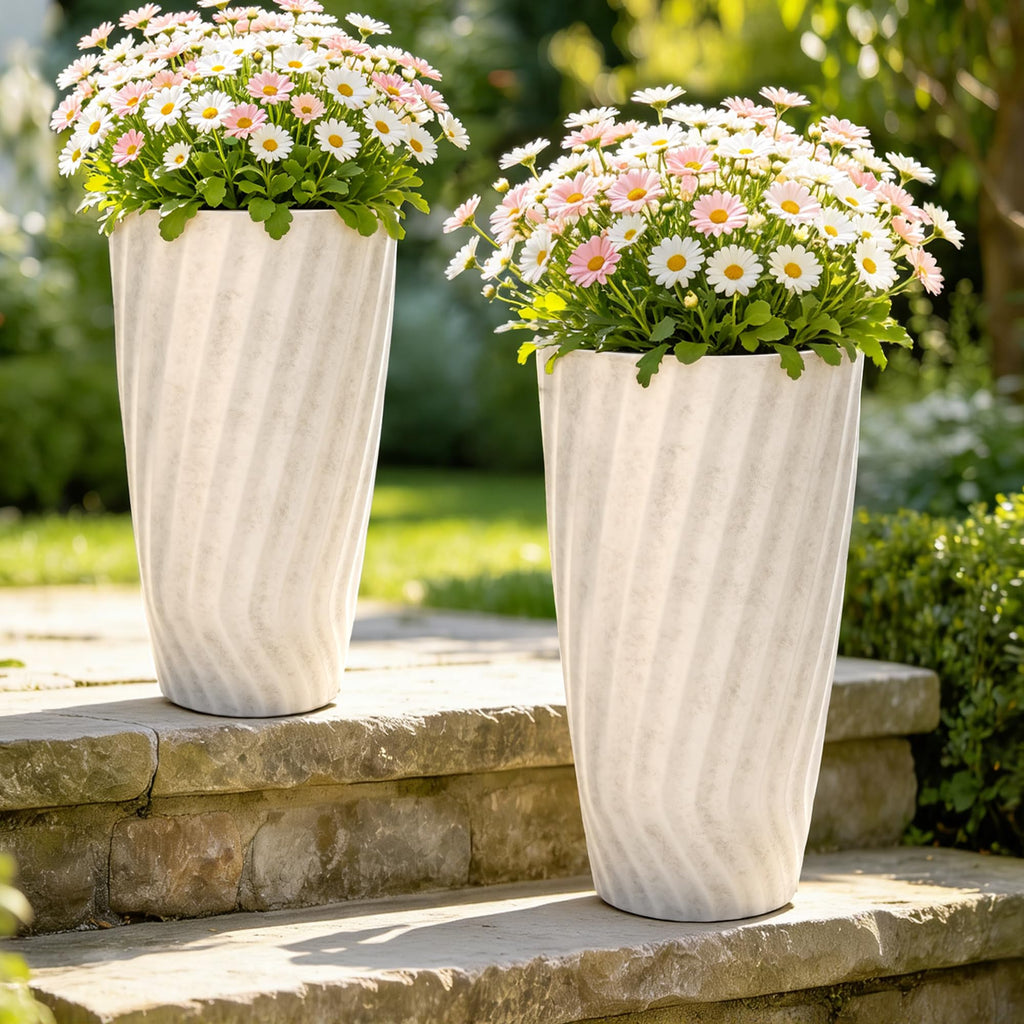 24" Vintage Ivory Marble-Textured Tall Planters Set of 2