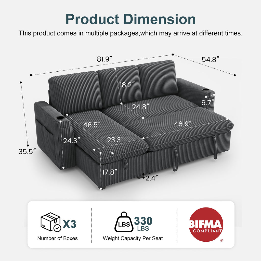 Sectional Sleeper Sofa with Pull Out Bed, Plush Corduroy Sectional Sofa with Storage Chaise and Adjustable Backrest