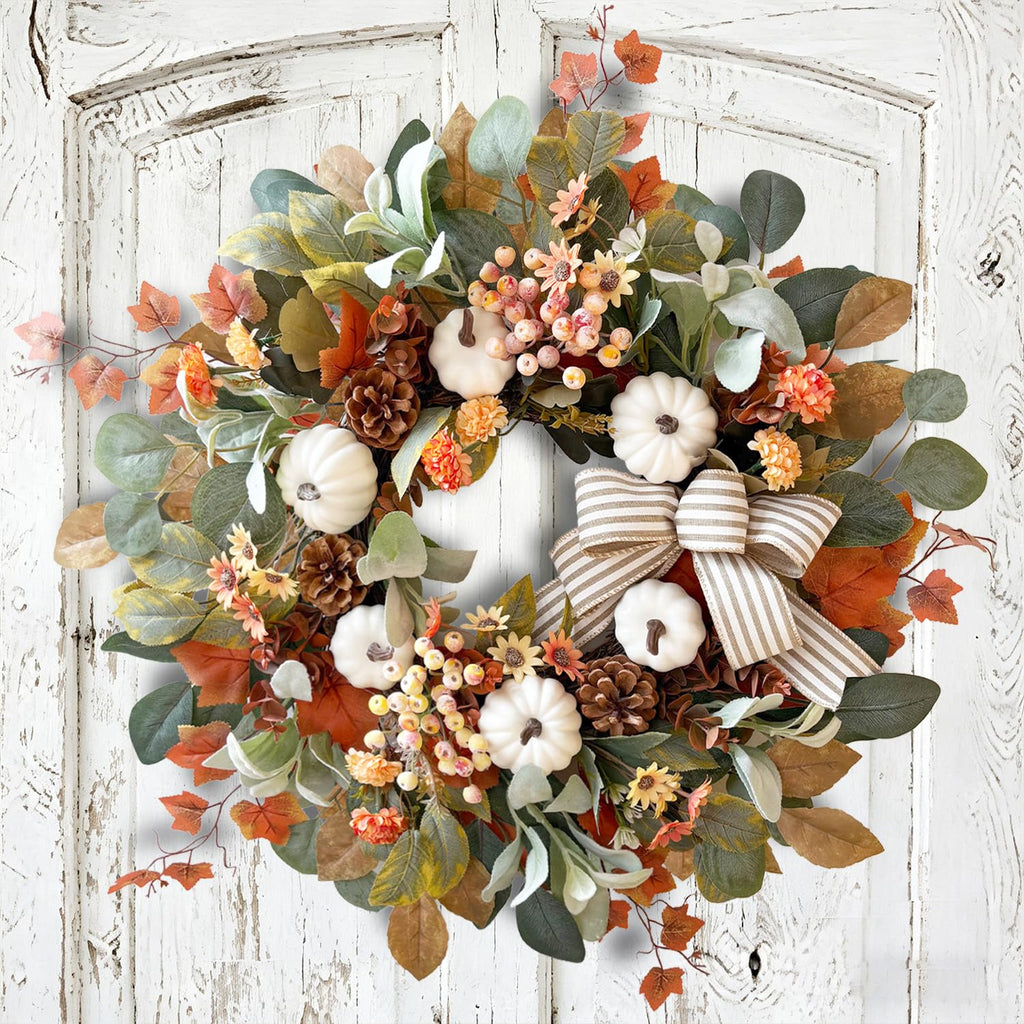 24 Inch Farmhouse Fall Wreath for Front Door with White Pumpkin