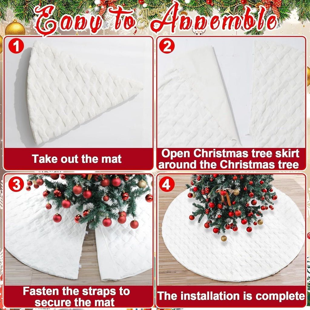 72 Inch Faux Fur White Christmas Tree Skirt for 7.5ft to 12ft Tree with Diamond Textured Pattern Christmas Large Tree
