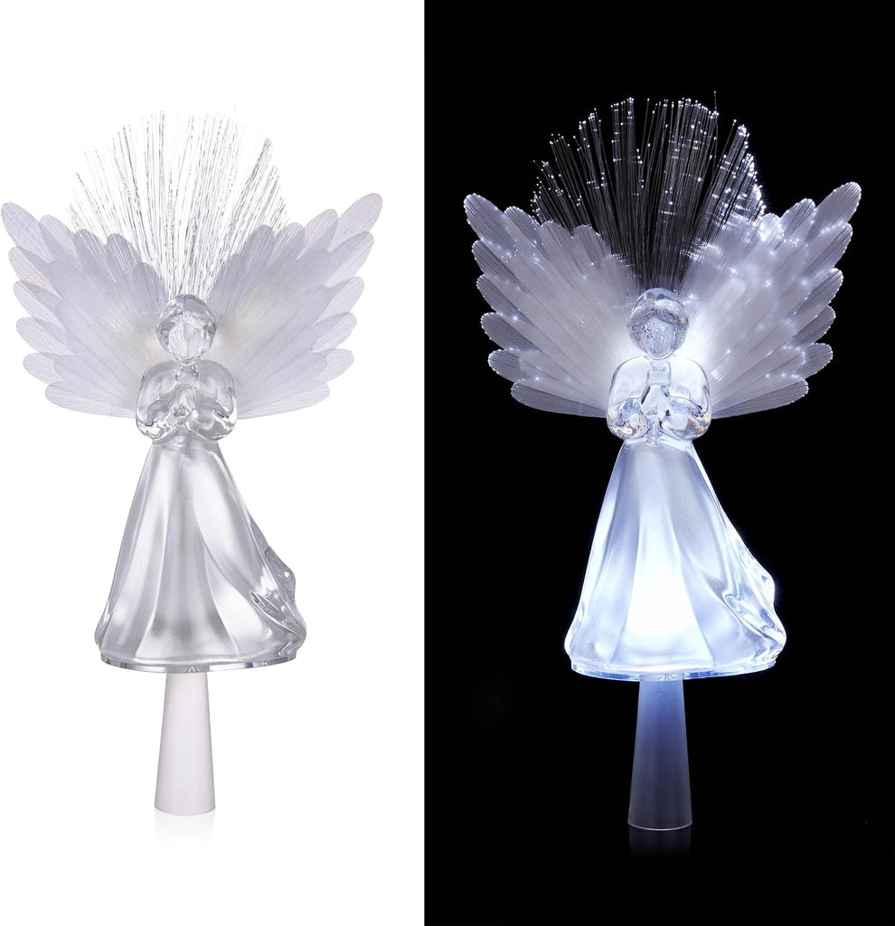 11" Tall Angel Tree Topper with Fiber Optic Wings and LED Light, with Timer Function, Durable Plastic, and Radiant