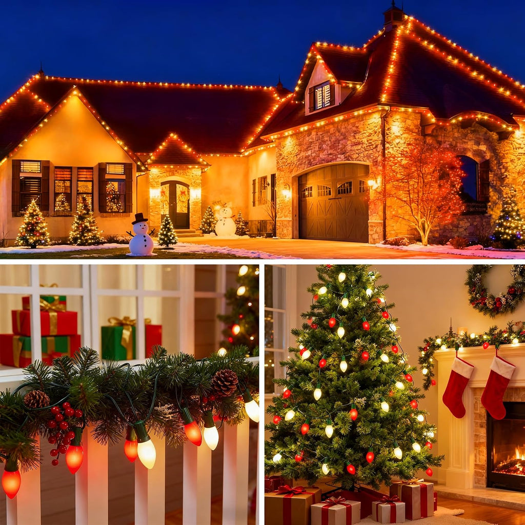 C9 Christmas Lights Outdoor, 100FT 100LED string Lights Waterproof Shatterproof, Extendable C9 Xmas Lights, Indoor