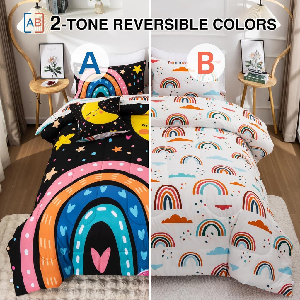 5 Piece Black Rainbow Comforter Set for Girls Boys Kids, Cartoon Cute Moon Stars Bedding Set, Bed in a Bag with Comforter, Sheets and Pillowcases,Twin