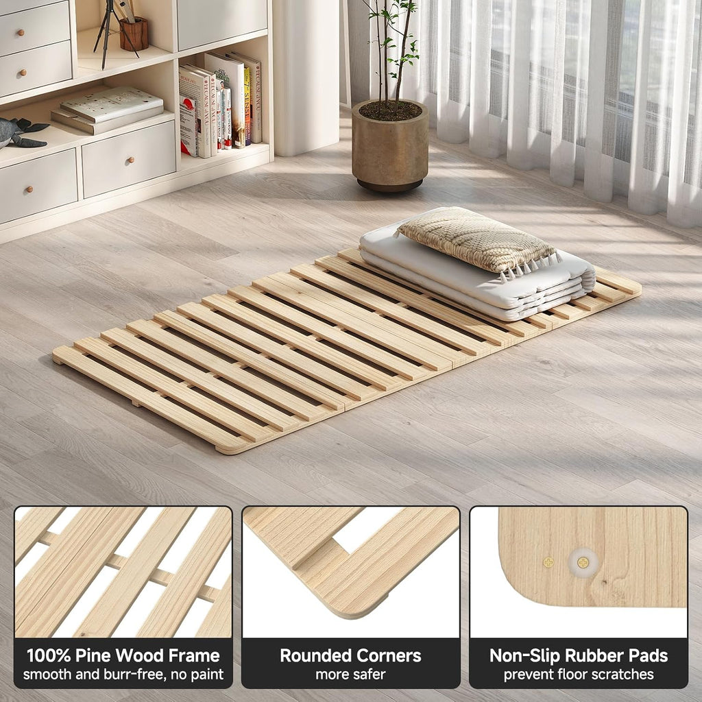 Foldable Floor Bed Frame, Solid Wood Slat Base for Futon Mattress