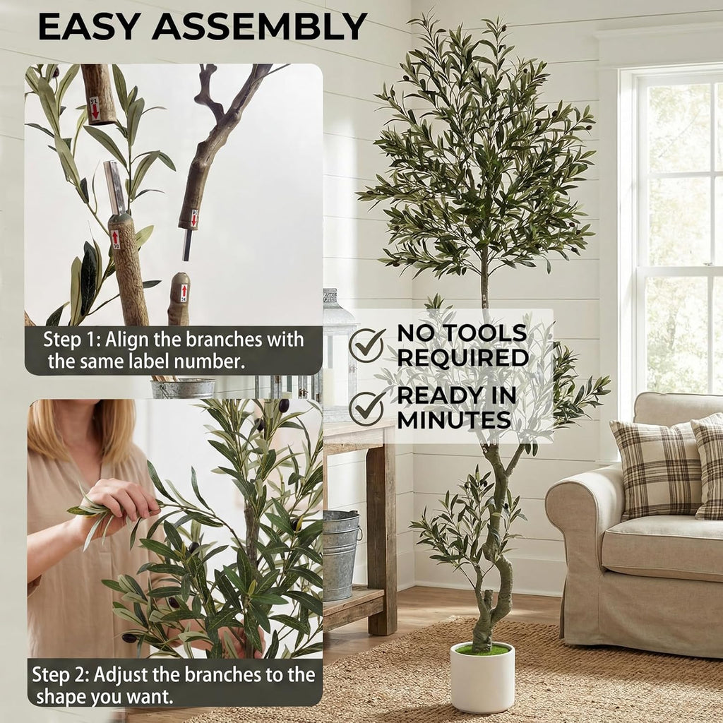 8ft Spherical Fake Olive Tree Artificial Indoor,Faux Olive Tree with Pot,Large Olive Branches and Lifelike Fruits