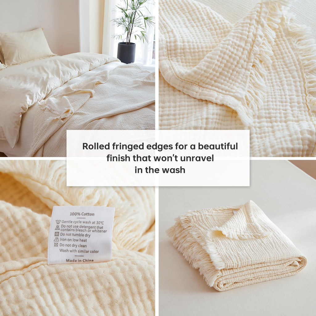 Cotton Muslin Throw Blanket 4 Layers for Bed, Couch, Woven Gauze Blanket with Tassels, Soft Lightweight Cozy