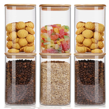 50oz Glass Food Storage Jars Set of 6, Glass Storage Containers Clear Glass Food Canister with Bamboo Lid Airtight For