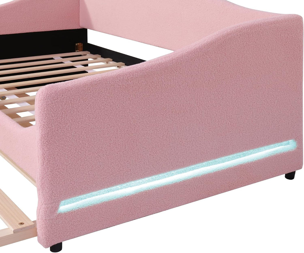 Full Size Upholstered Daybed with Trundle and LED Lights, Modern Wood Teddy Fleece Bed Frame with Slats Support and