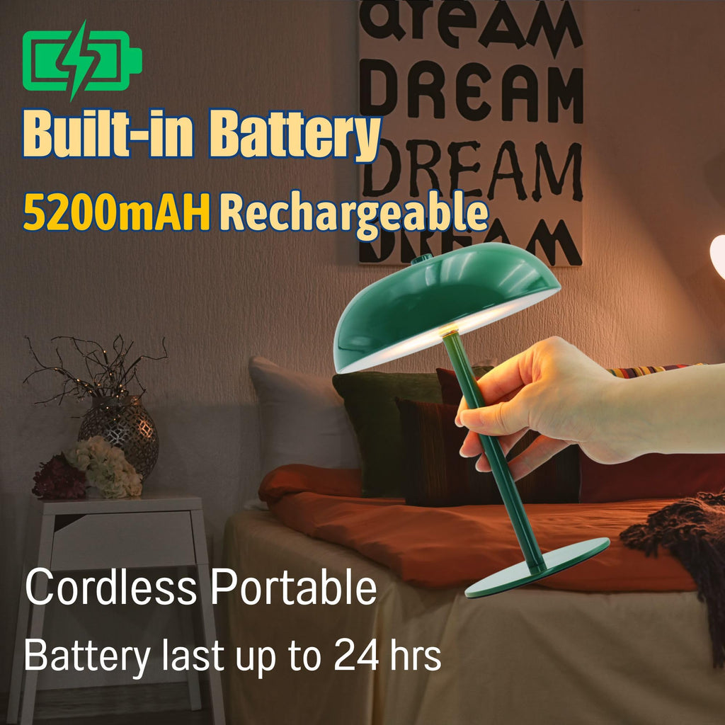 Cordless LED Mushroom Table Lamp, 5200mAh Battery, Dimmable 3 Color, Green