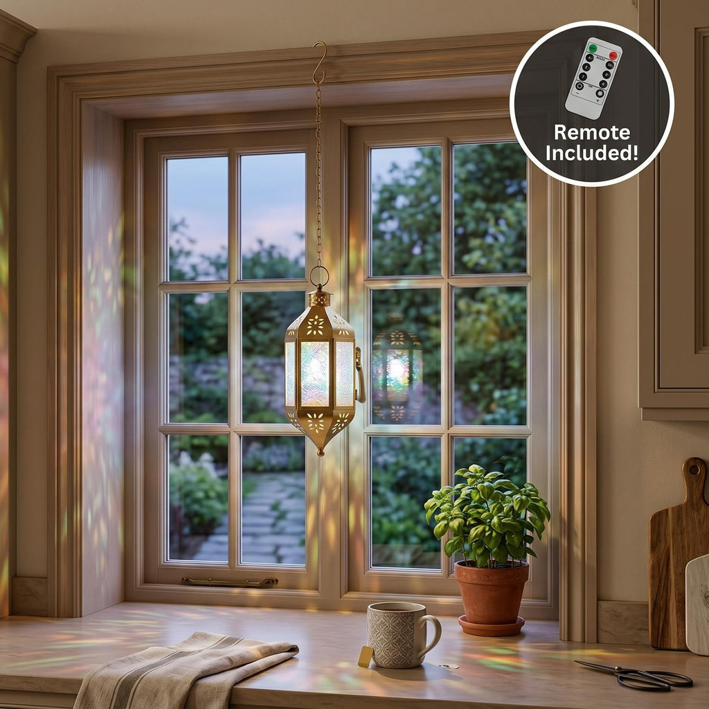 Hanging Moroccan Lantern with LED Twinkle Fairy Lights - Exotic Decorative Patio & Porch Decor, Indoor Outdoor Candle