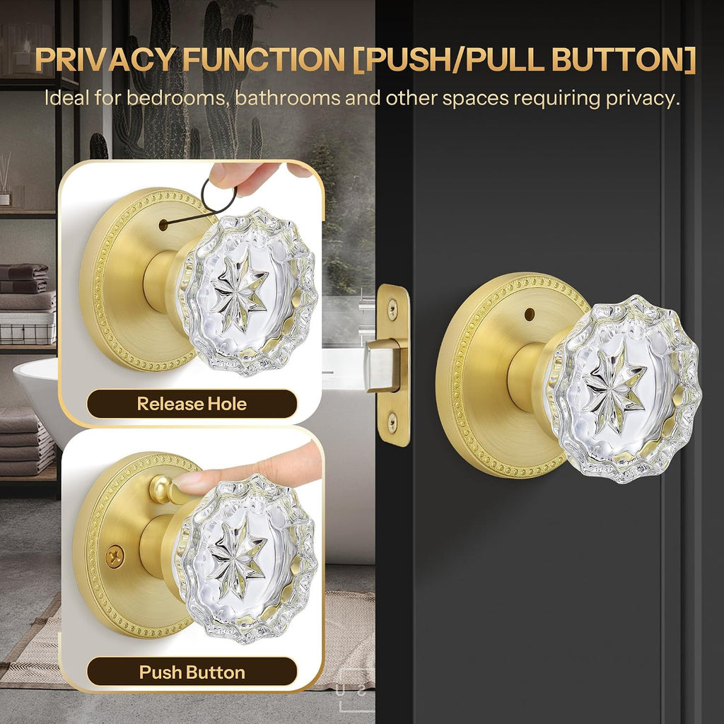 Vintage Crystal Glass Door Knob with Privacy Lock - Satin Brass Interior Knob