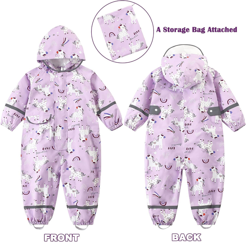 Kids Rain Suit Toddler Girls Raincoats One Piece Hoodie Cartoon Rain Gear Coverall Waterproof Rainwear
