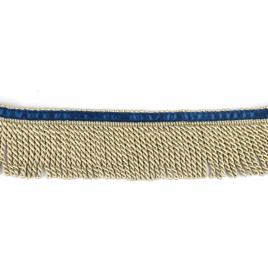 2.5" Wide Bullion Fringe Trim with Blue Ribbon,Dark Beige - 5Yard