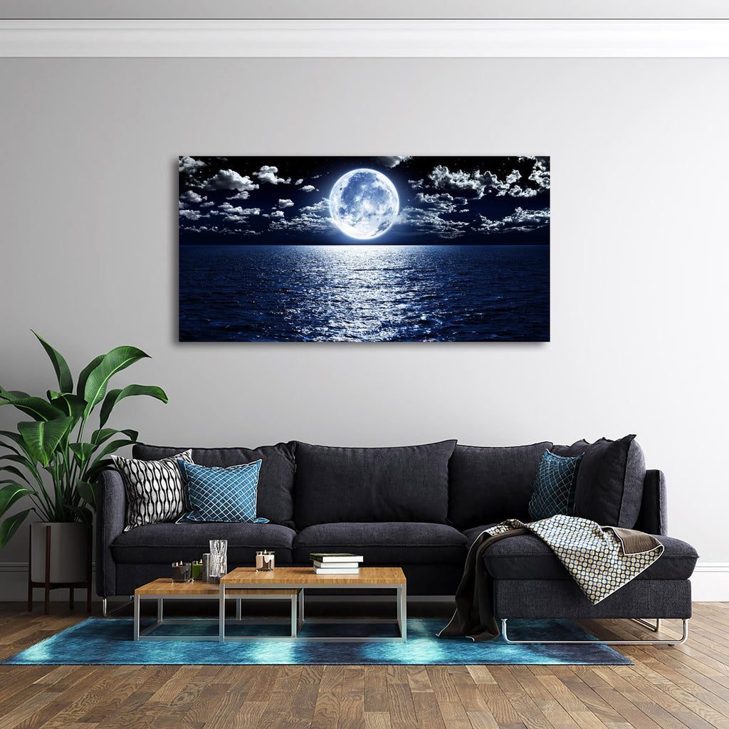 Wall Art Canvas Prints Moon Sea Ocean Landscape 1 Panels Full Moon in Cloud Pictures Paintings Stretched and