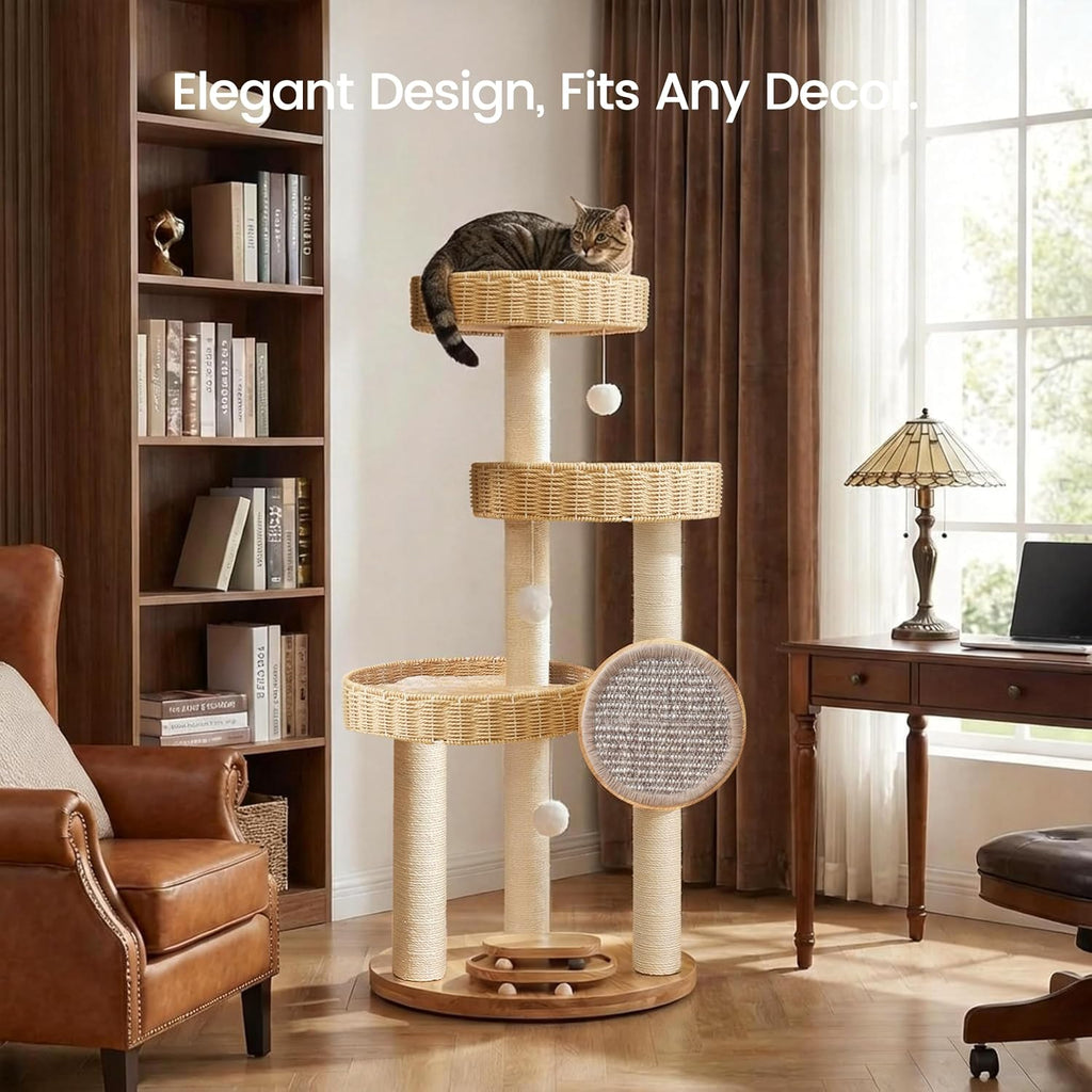 Cat Tree Tower for Large Cats, 48-Inch Solid Wood Cat Condo