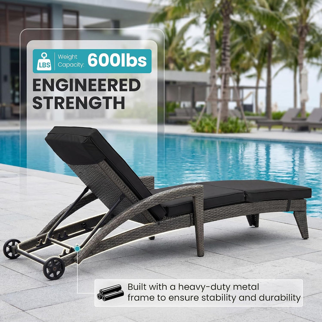 Patio Chaise Lounge Set of 2, Wicker Lounge Chairs Outdoor with Wheels, Wicker Chaise Lounges with Armrests All