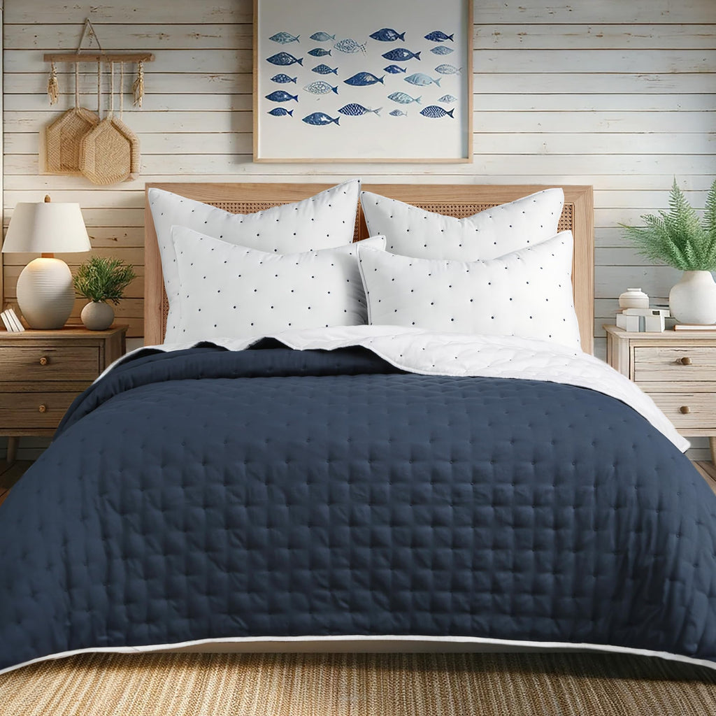 Embroidered Swiss Dot Quilt Set - Quilt and Two Standard Shams - Dot - Navy and White - Quilt (88x92in.)