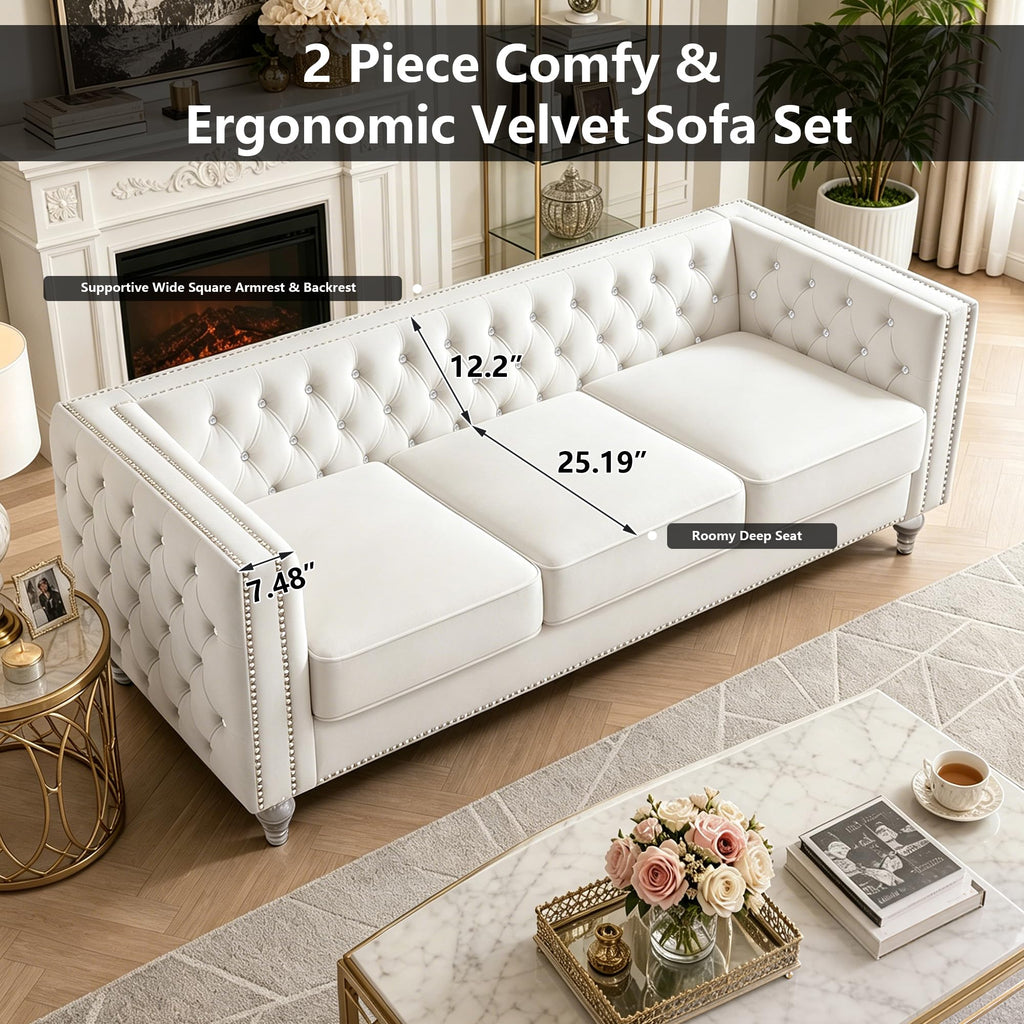 2 Piece Chesterfield Sofa Couch Set, Luxury Crystal Button Tufted Sofas with Silver Nailhead Trim Set of 2, Including