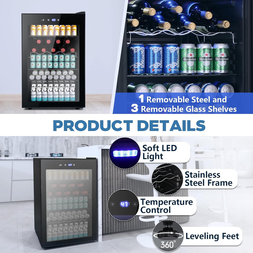 Beverage Refrigerator Cooler 4.4 Cu.Ft,145 Can Mini Fridge with Glass Door for B
