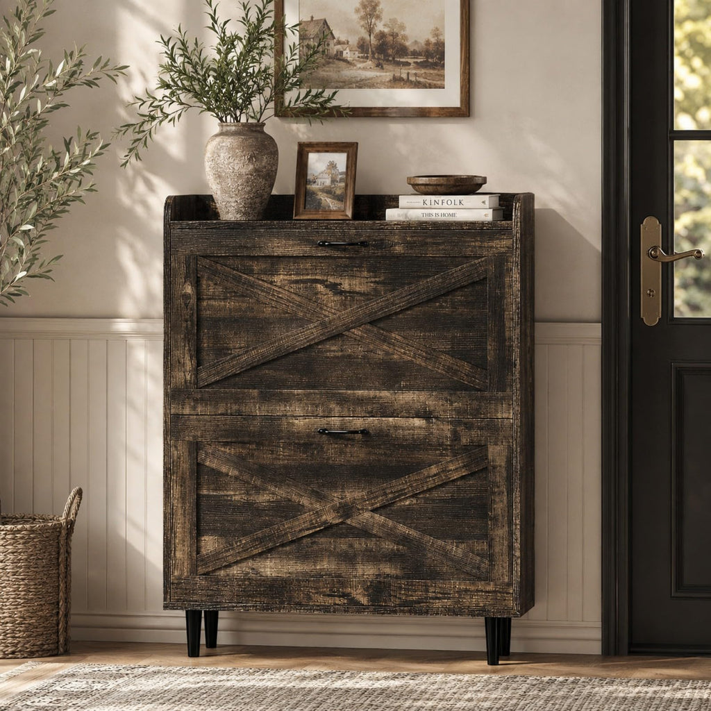 Shoe Storage Cabinet with 2 Flip Drawers, Ultra Slim Freestanding Entryway Shoe Organizer with Wood Tapered