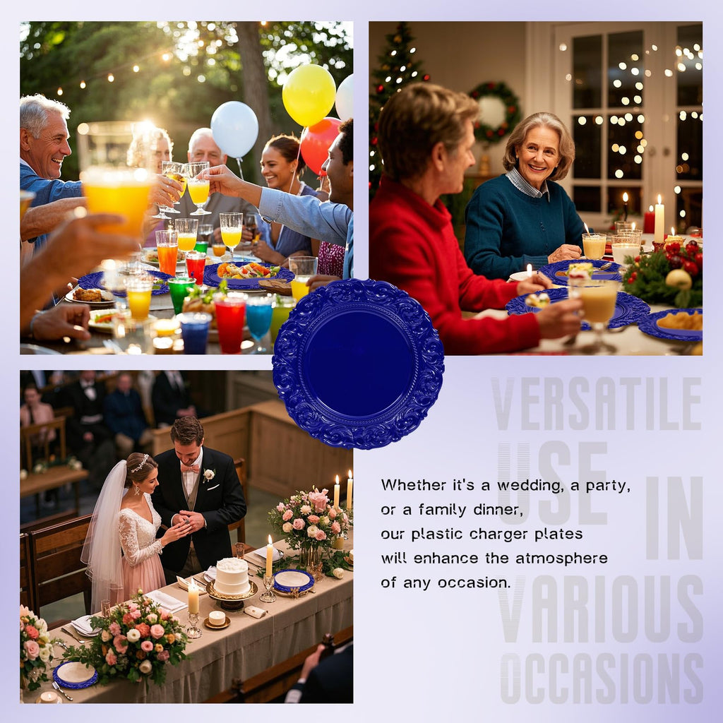 Royal Blue Charger Plates Bulk 10Pcs - 13" Royal Blue Chargers for Dinner Plates, Floral Embossed Decorative Charger