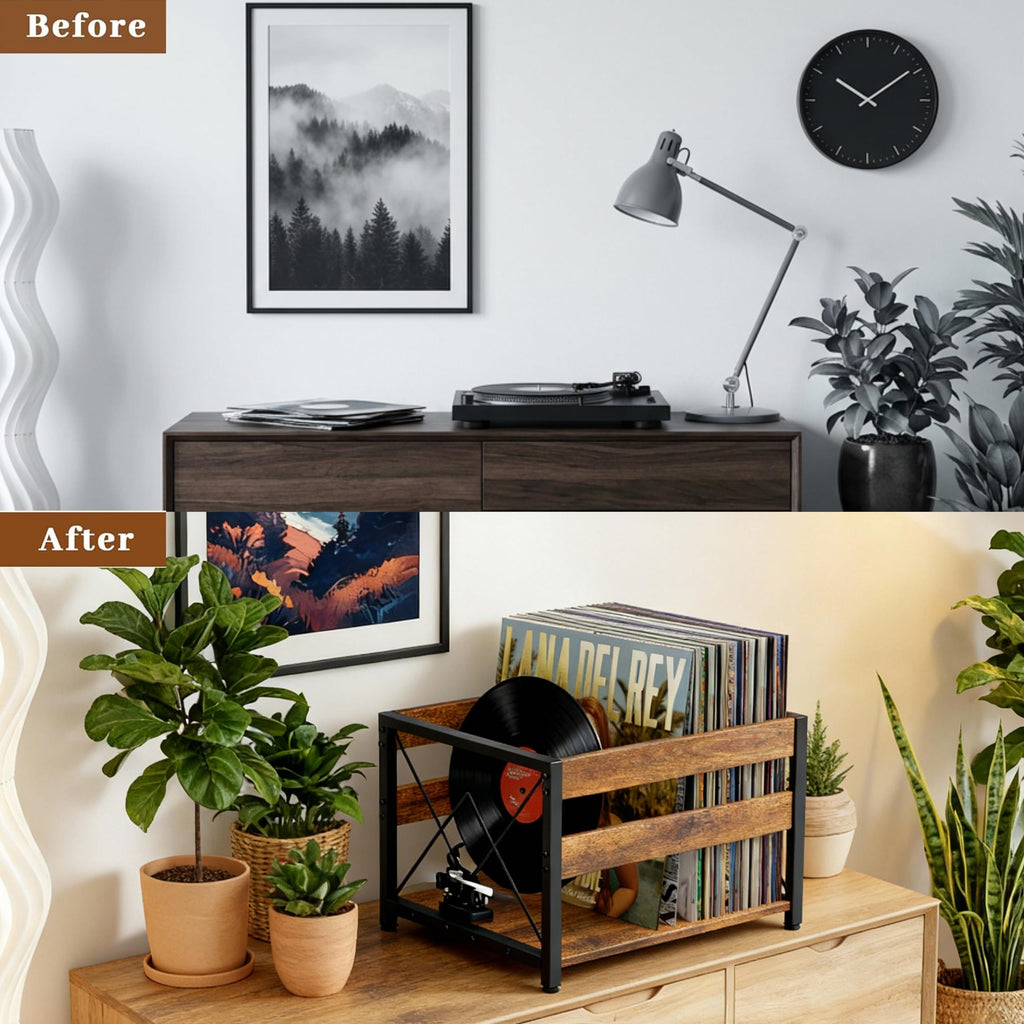 Vinyl Record Storage Crate, Wooden Storage Box, Classic Cube CD Albums Shelf Holder Organizer, Holds Up to 100+